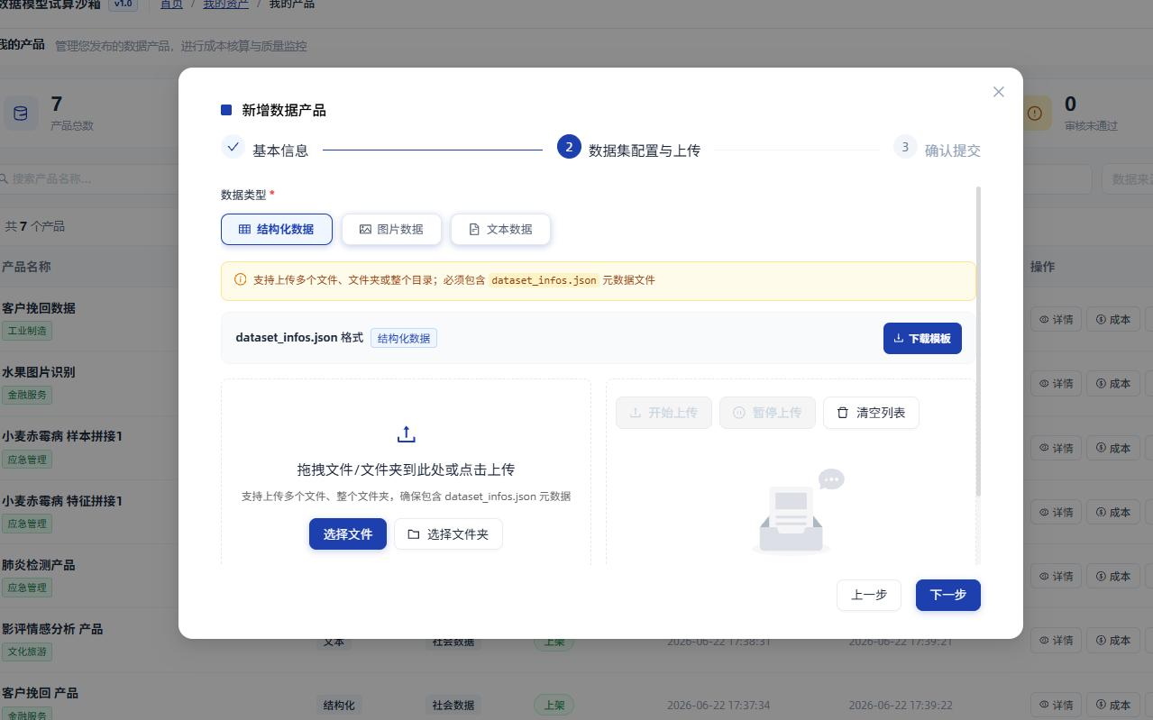 创建产品-数据集上传页